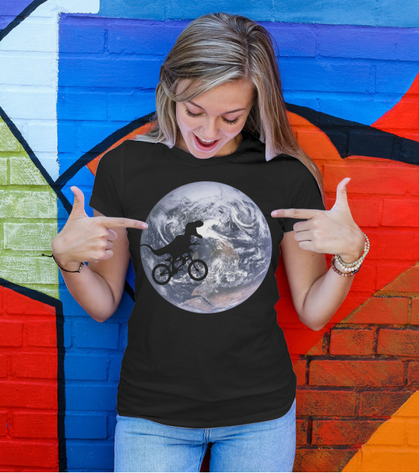 Etdino Dinosaur Silhouette On Bicycle Against Earth Background T-Shirt
