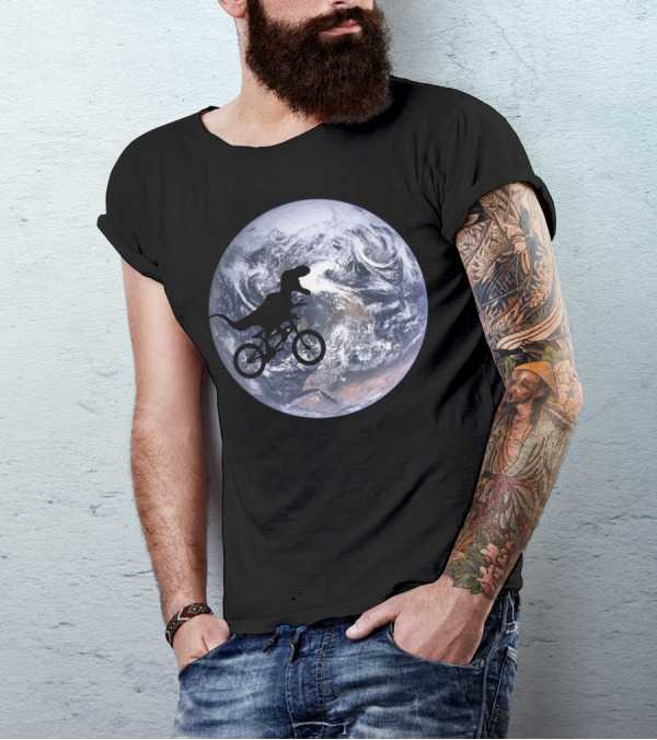 Etdino Dinosaur Silhouette On Bicycle Against Earth Background T-Shirt