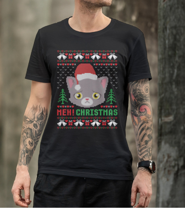 Meh Christmas Cat Ugly Sweater Design With Santa Hat T-Shirt