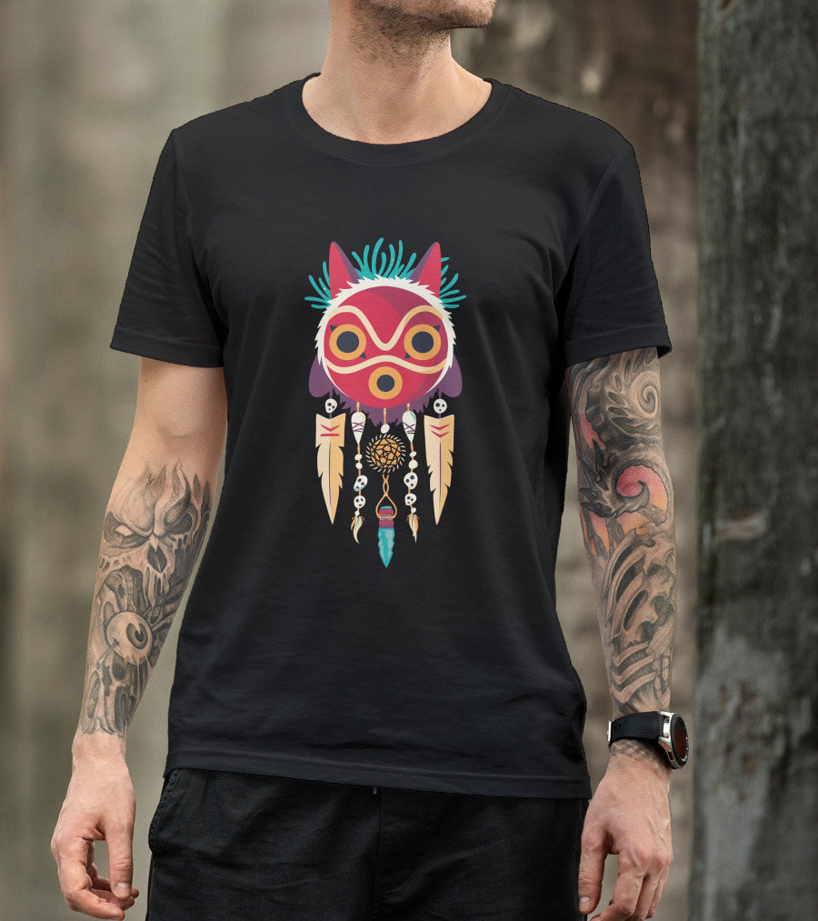 Princess Mononoke Spirit Catcher Mask Dreamcatcher Feathers Skulls Decor T-Shirt