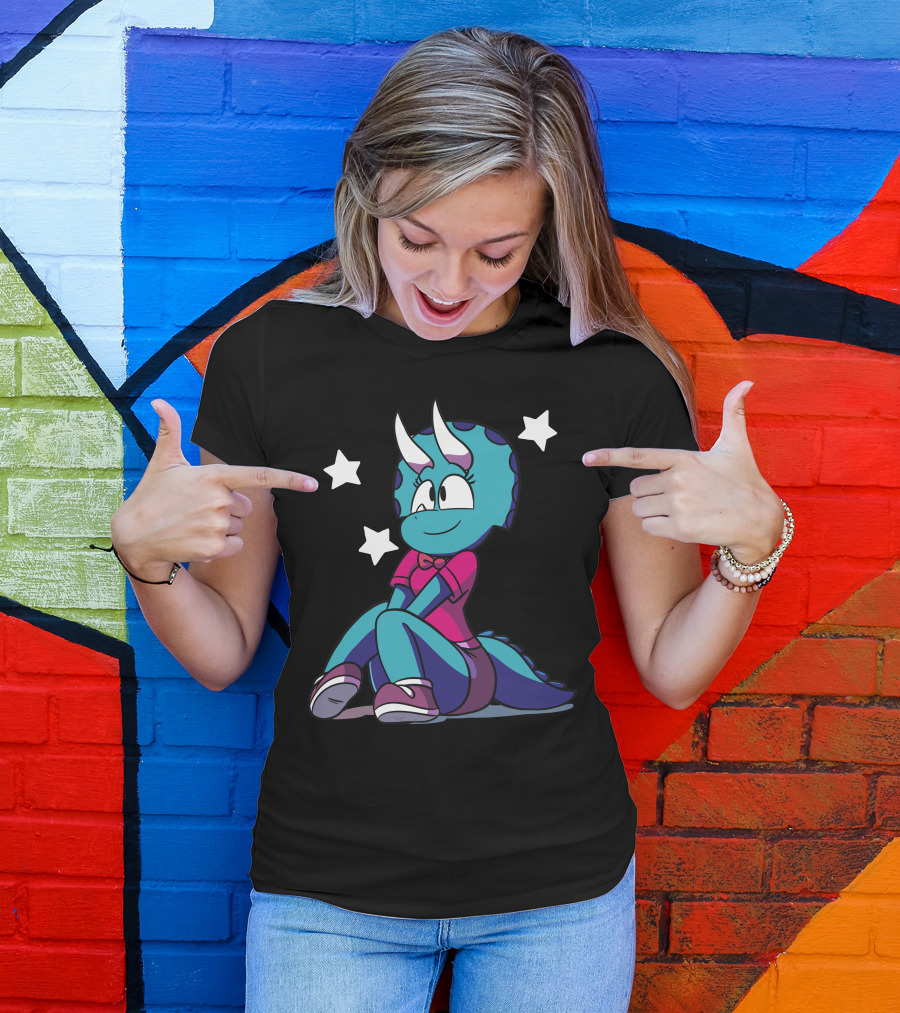 Stary Eyed Triceratops Cartoon Character With Stars T-Shirt