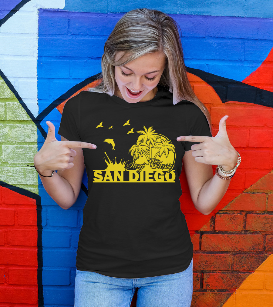 Stay Classy San Diego Dolphins Palm Trees Sunset Birds T-Shirt