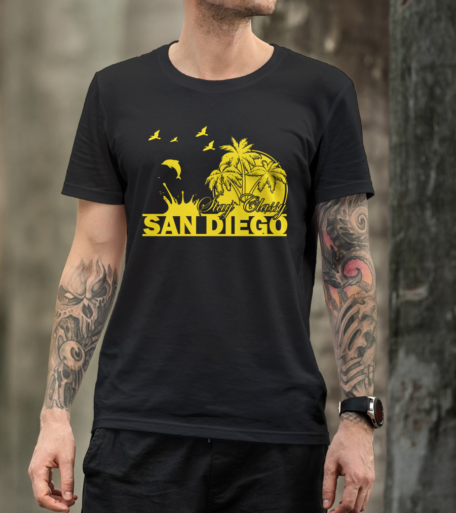 Stay Classy San Diego Dolphins Palm Trees Sunset Birds T-Shirt