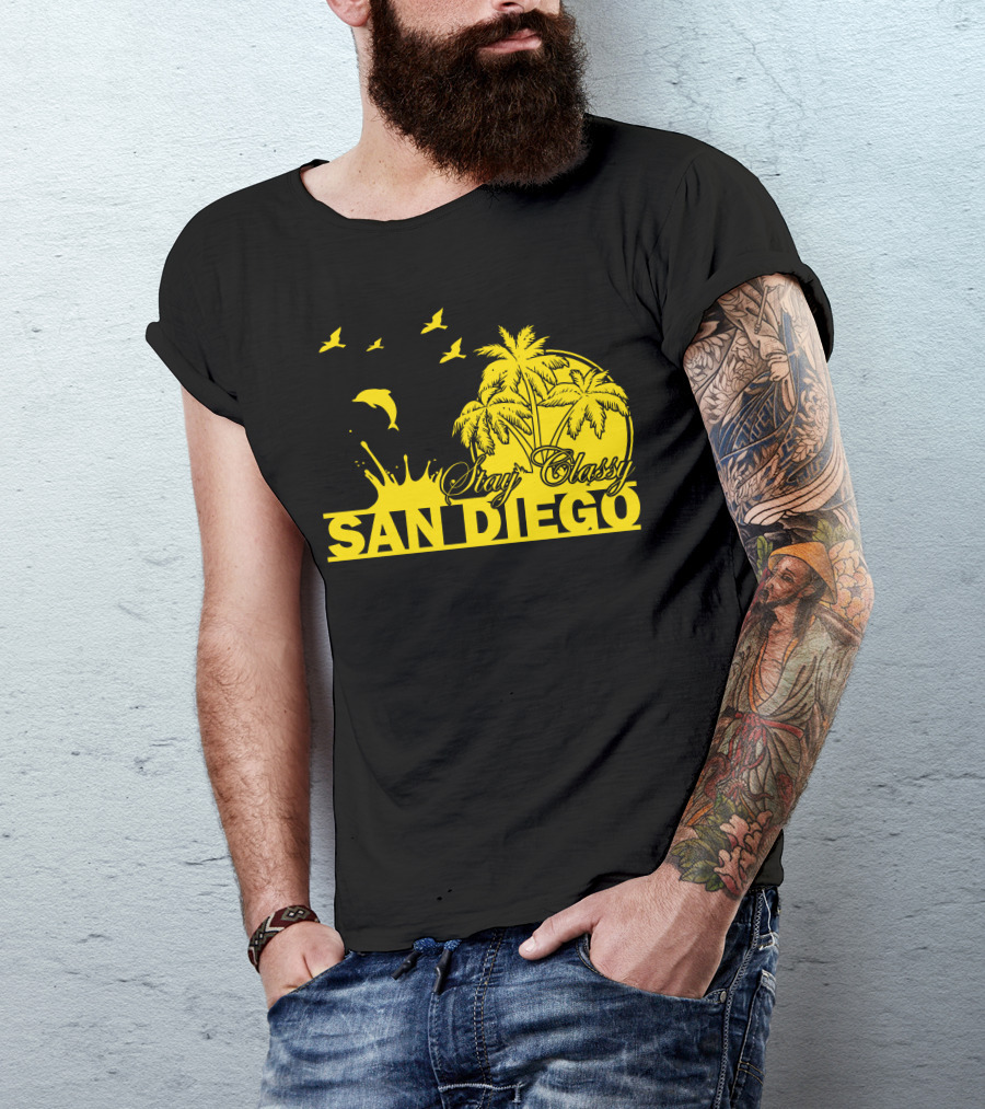 Stay Classy San Diego Dolphins Palm Trees Sunset Birds T-Shirt