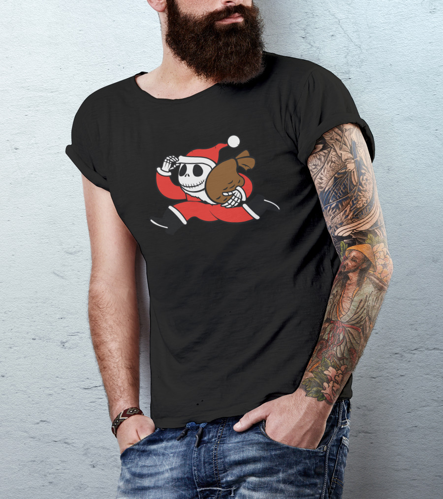Stealing Christmas Skeleton Santa Running With Sack T-Shirt