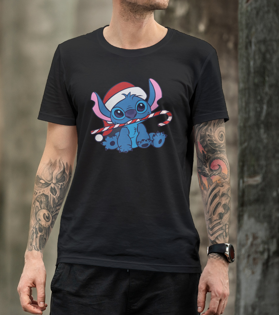 Stitch Christmas Candy Cane Santa Hat T-Shirt