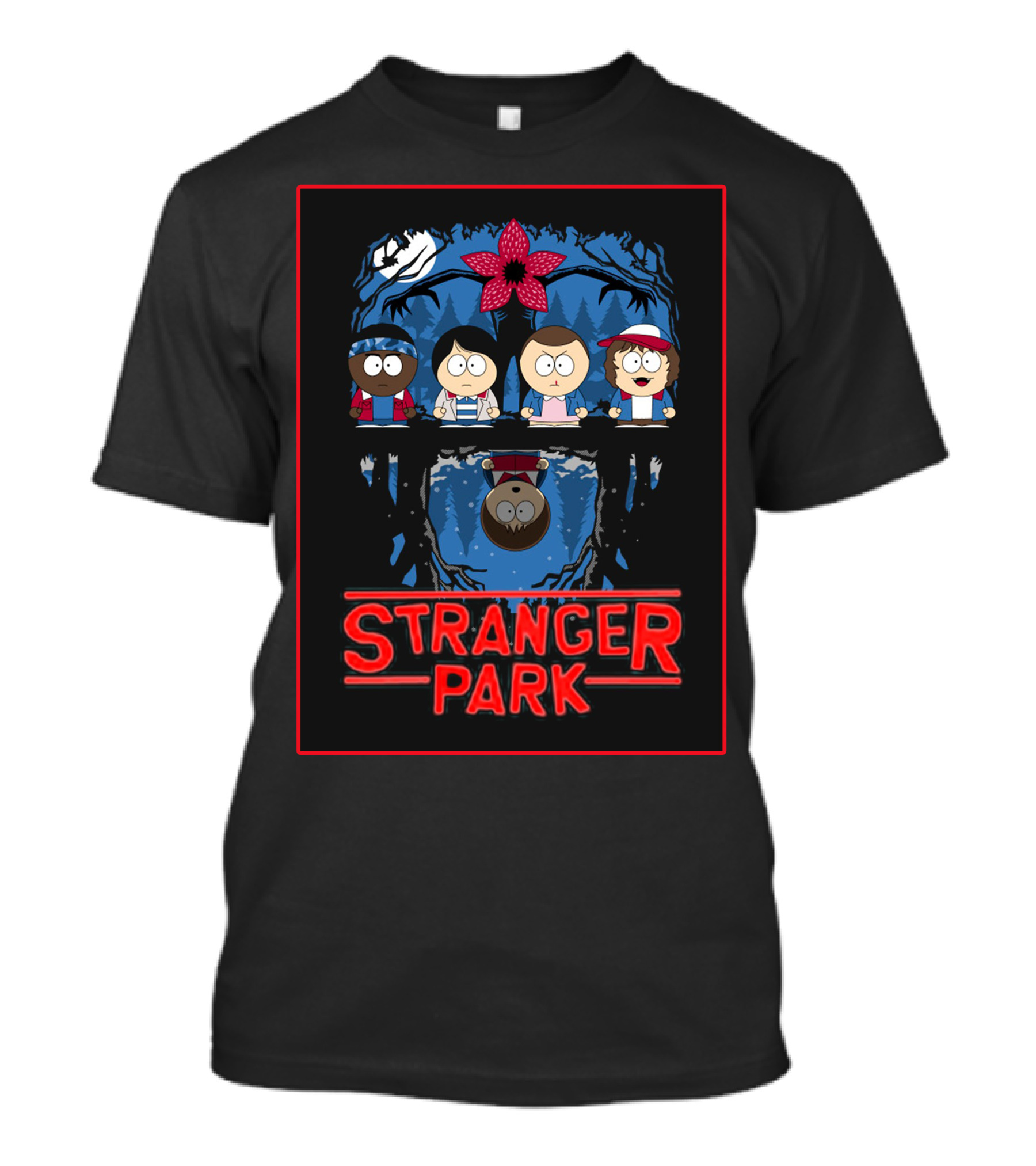 Stranger Park South Style Forest Adventure With Upside-Down Mirror And Red Flower Monster T-Shirt