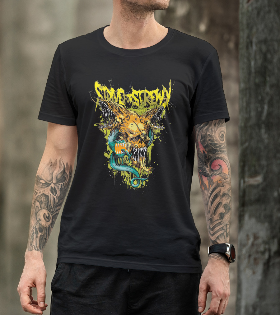 Strive For Screwy Monster Skull With Serpent And Wings T-Shirt