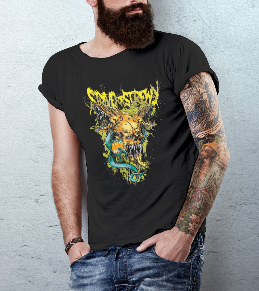Strive For Screwy Monster Skull With Serpent And Wings T-Shirt