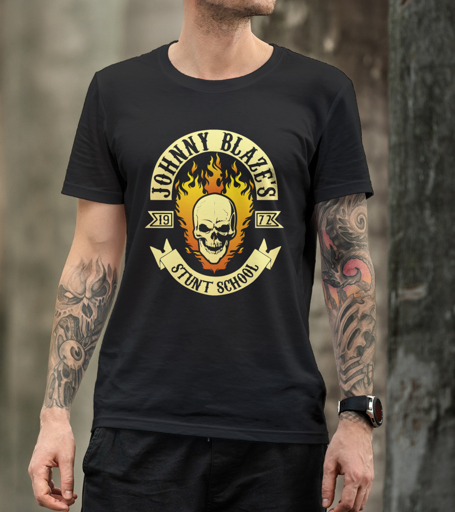 Johnny Blaze's Stunt School 1972 Skull Flames Emblem T-Shirt