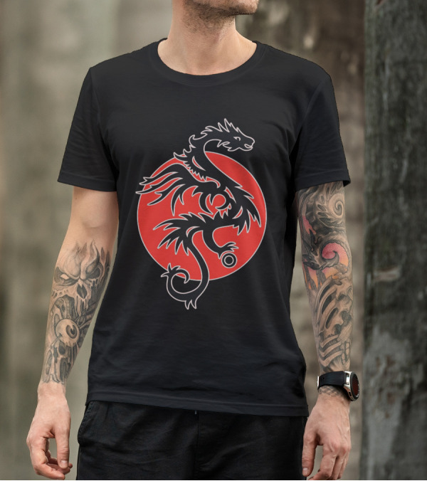 Sun Dragon Black Red White Circle With Pearl T-Shirt