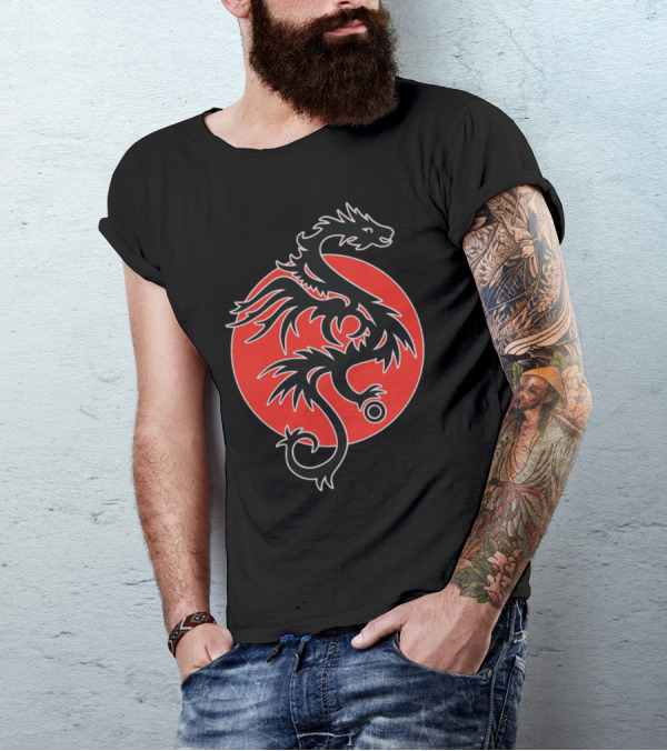 Sun Dragon Black Red White Circle With Pearl T-Shirt