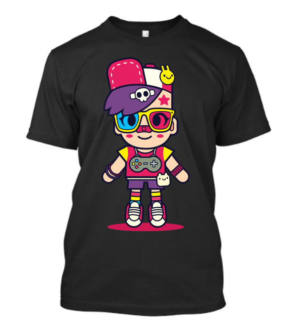 Super Colour Retro Gamer Kid With Skull Hat And Game Controller Accessories T-Shirt
