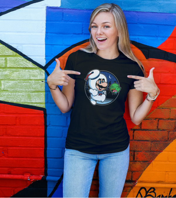 Super Marshmallow Bros Mario Ghost Crossover Night City Scene T-Shirt