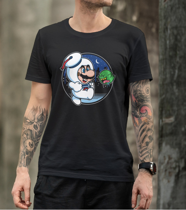 Super Marshmallow Bros Mario Ghost Crossover Night City Scene T-Shirt