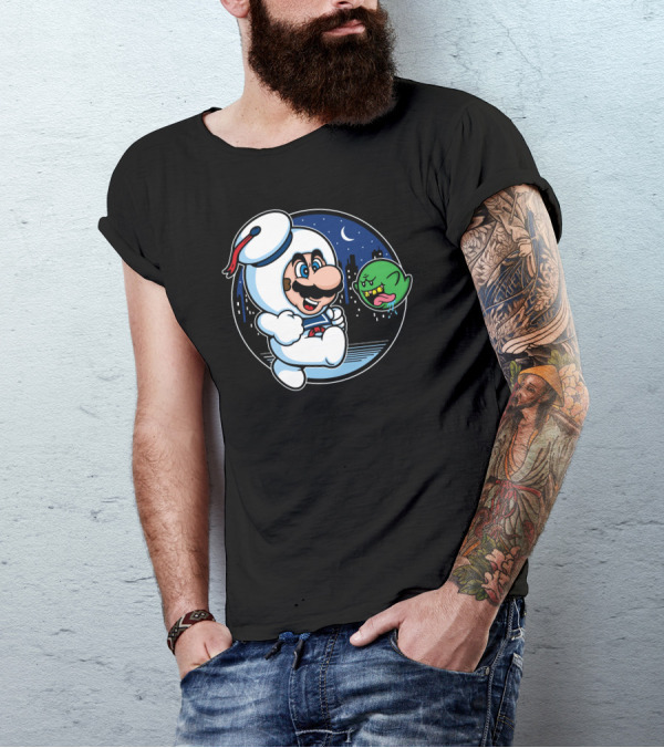 Super Marshmallow Bros Mario Ghost Crossover Night City Scene T-Shirt