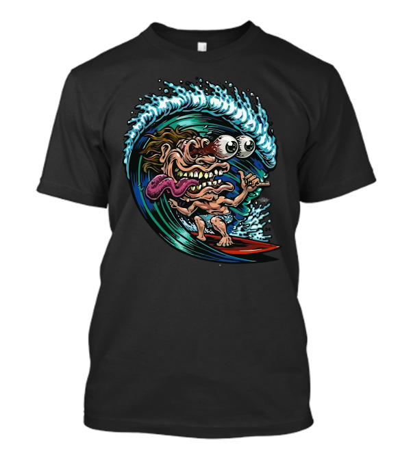 Surf Freak Cartoon Wave Creature With Surfboard And Big Eyes T-Shirt