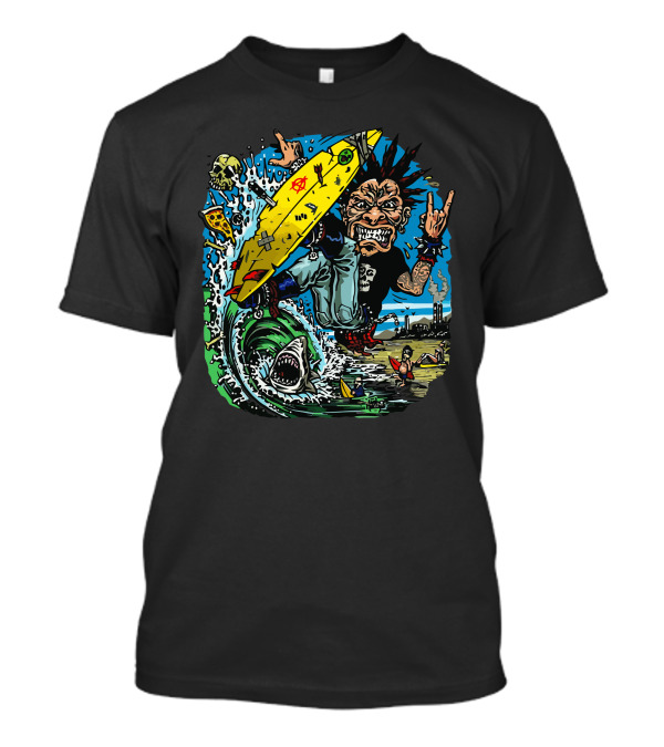 Surf Punk Rocker Riding Wave With Shark And Tattoos T-Shirt