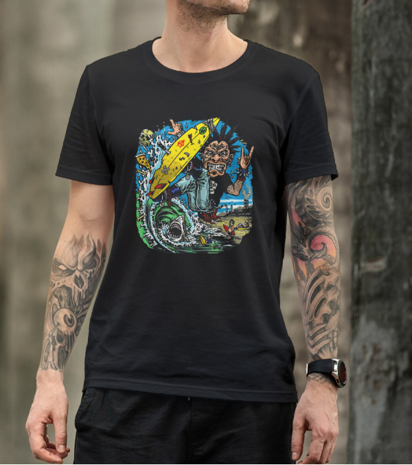 Surf Punk Rocker Riding Wave With Shark And Tattoos T-Shirt