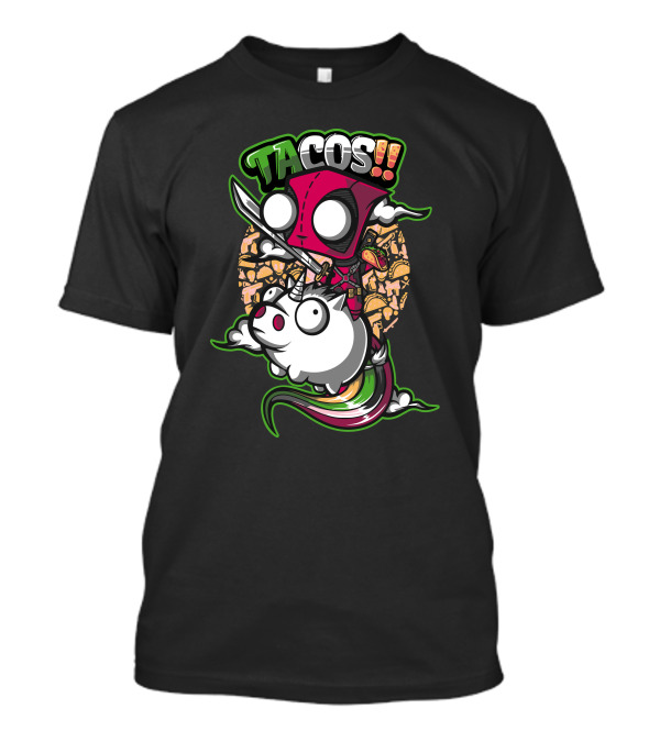 Tacos Unicorn Riding Adventure With Cartoon Hero T-Shirt