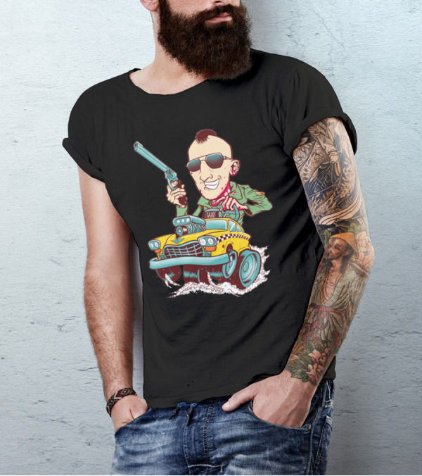 Taxi Driver Travis Bickle Cartoon With Gun And Yellow Cab T-Shirt