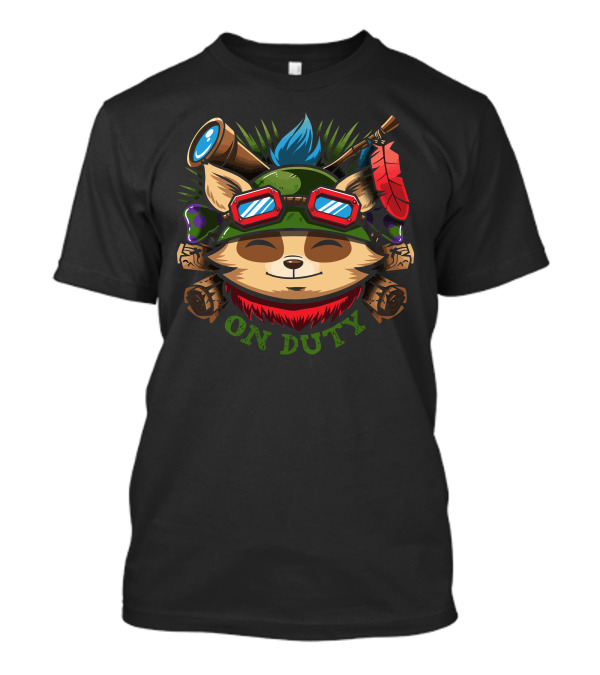 Teemo On Duty Gaming Character Fox Hat Goggles Feathers Blue Hair T-Shirt