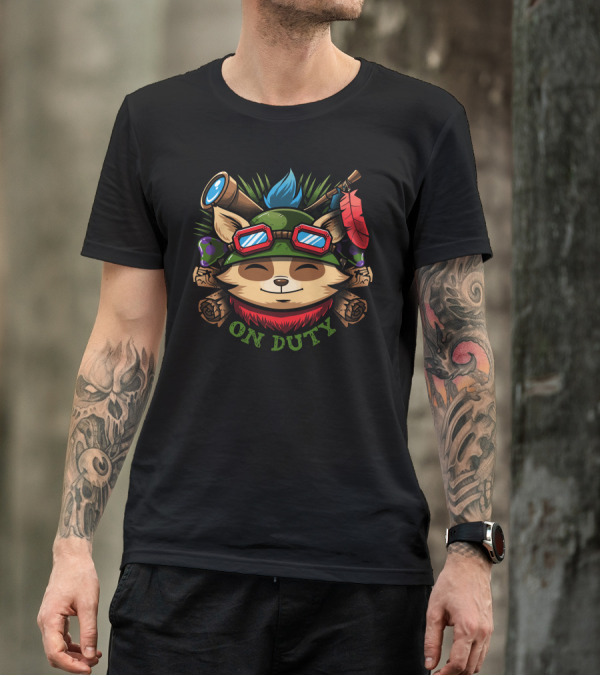 Teemo On Duty Gaming Character Fox Hat Goggles Feathers Blue Hair T-Shirt