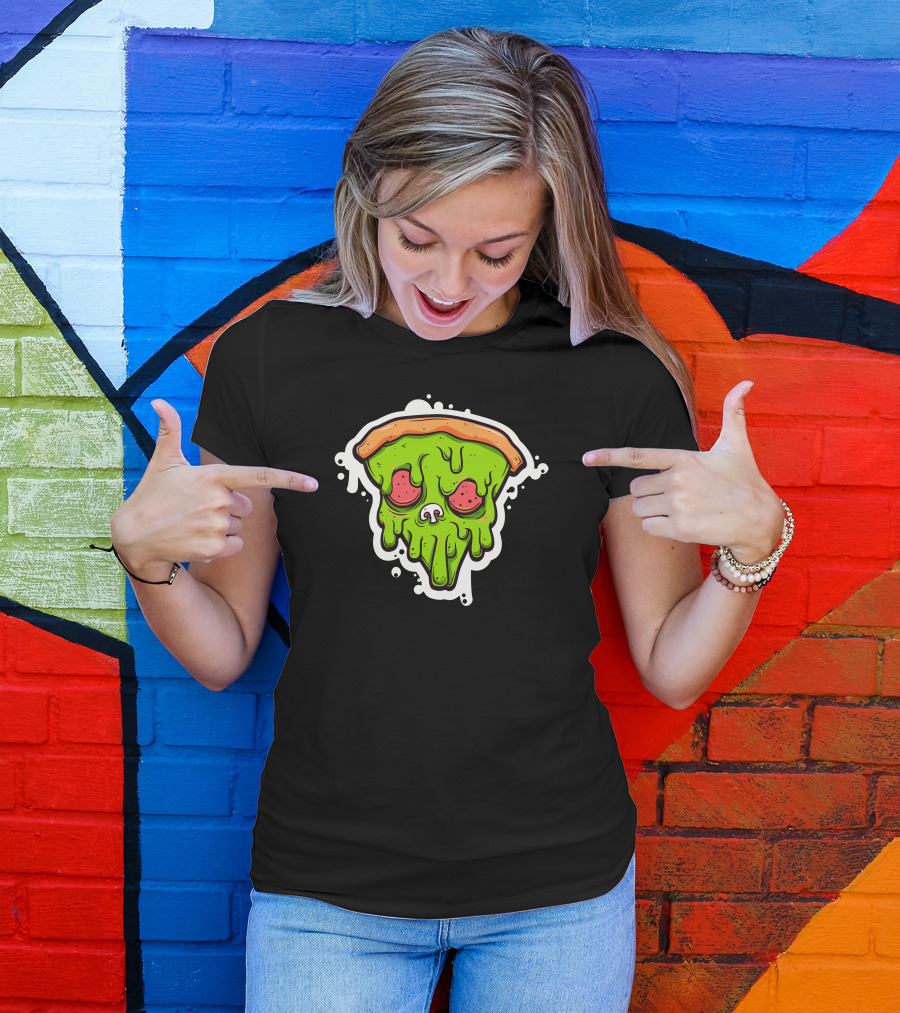 Brainded Pizza Slice With Melting Green Skull T-Shirt