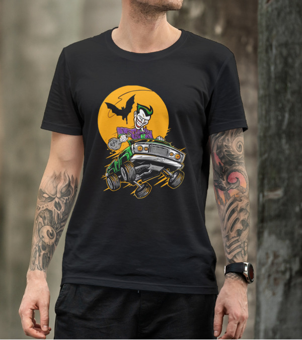 The Getaway Joker In A Classic Car With Bat Symbol Moon T-Shirt