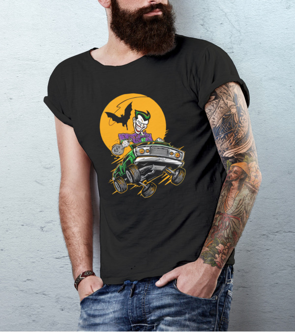 The Getaway Joker In A Classic Car With Bat Symbol Moon T-Shirt