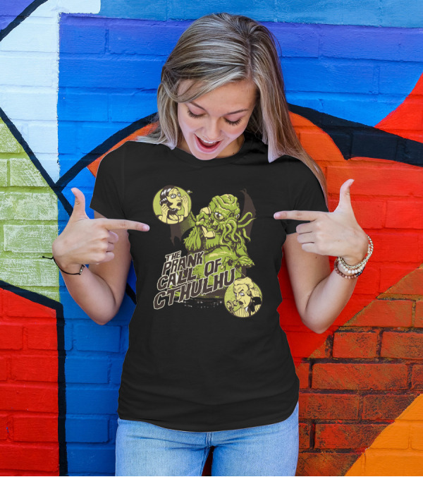 The Prank Call Of Cthulhu Comic Style Graphic With Surprised Characters In Vintage Circles T-Shirt