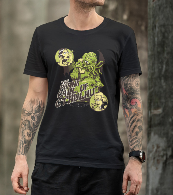 The Prank Call Of Cthulhu Comic Style Graphic With Surprised Characters In Vintage Circles T-Shirt