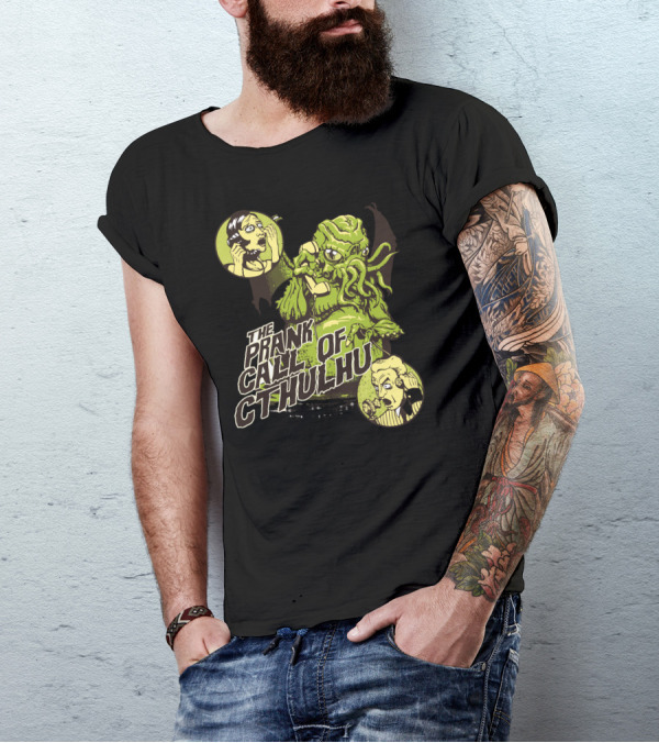 The Prank Call Of Cthulhu Comic Style Graphic With Surprised Characters In Vintage Circles T-Shirt