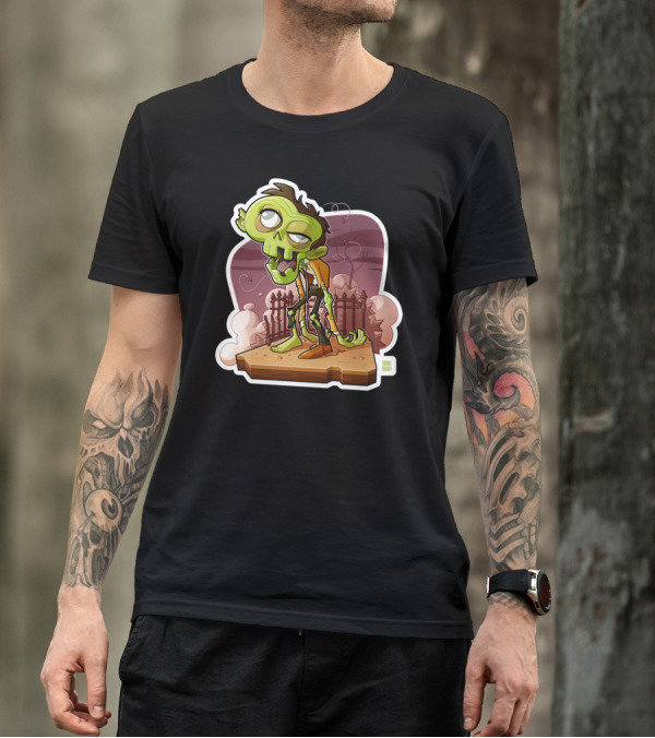The Zombie Cartoon With Graveyard Background And Flies T-Shirt