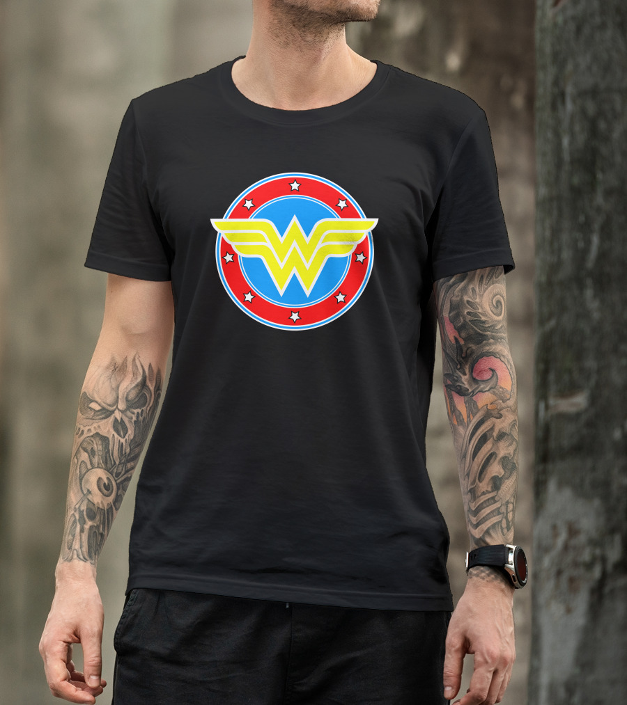 Wonder Woman Yellow W Emblem Red White Star Circle Blue Background T-Shirt