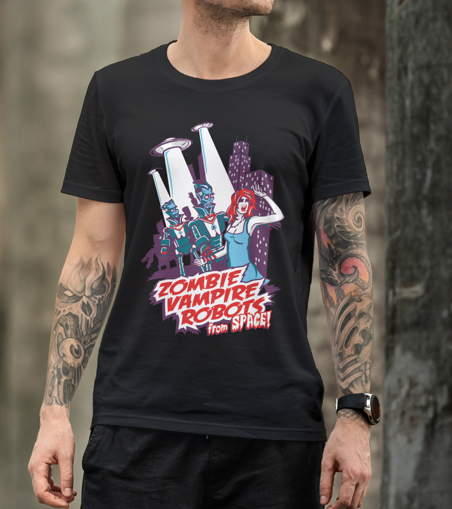 Zombie Vampire Robots From Space Cityscape Panic T-Shirt