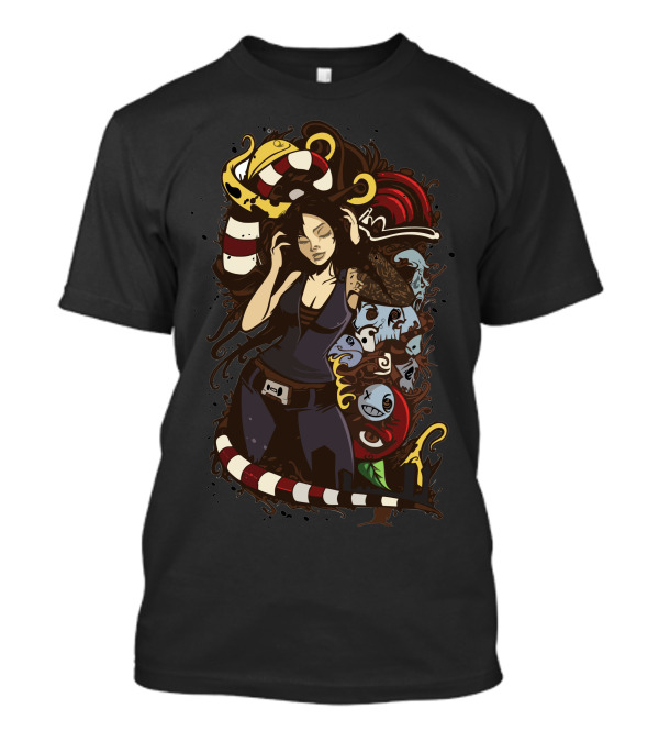 DJ Girl Surrounded By Cartoony Fantasy Creatures And Vibrant Abstract Elements T-Shirt