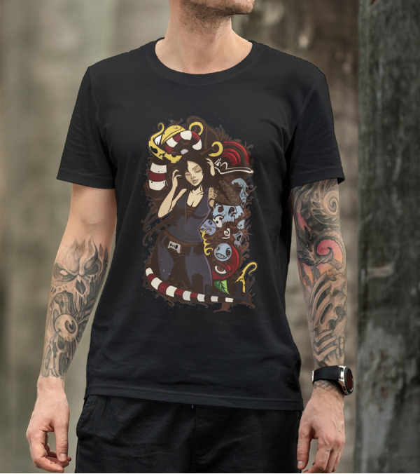 DJ Girl Surrounded By Cartoony Fantasy Creatures And Vibrant Abstract Elements T-Shirt