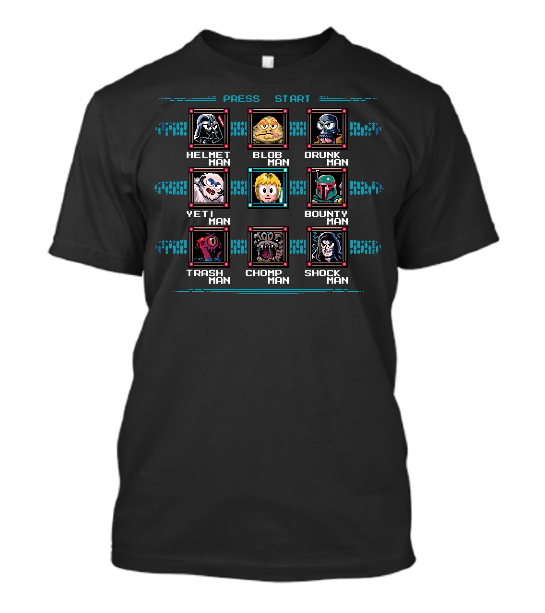 Mega Wars Press Start Helmet Blob Drunk Yeti Bounty Trash Chomp Shock Man T-Shirt