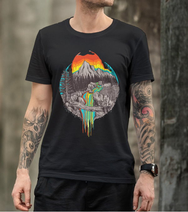 Melting Sun Vibrant Mountain Landscape With Colorful River And Fiery Sky T-Shirt