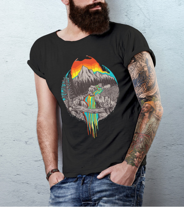 Melting Sun Vibrant Mountain Landscape With Colorful River And Fiery Sky T-Shirt