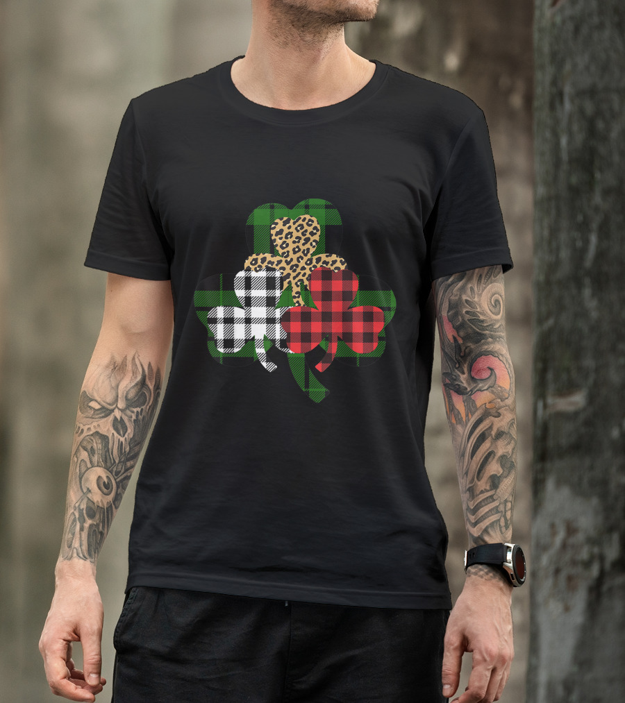 Buffalo Plaid Leopard Shamrock St Patricks Day T-Shirt