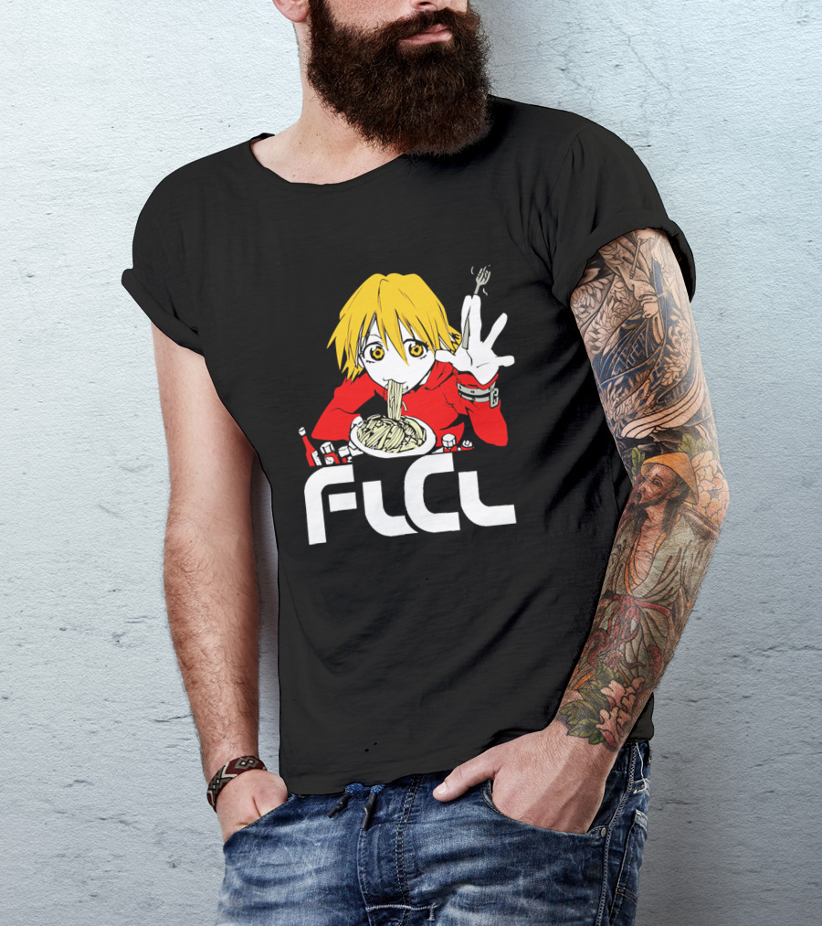 FLCL Haruhara Haruko Anime Japanese Black White Noodles T-Shirt
