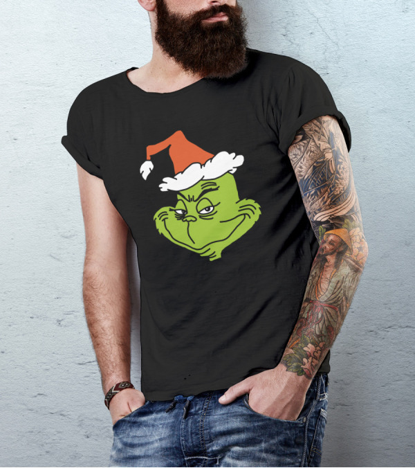 Grinch Santa Hat Christmas Face T-Shirt