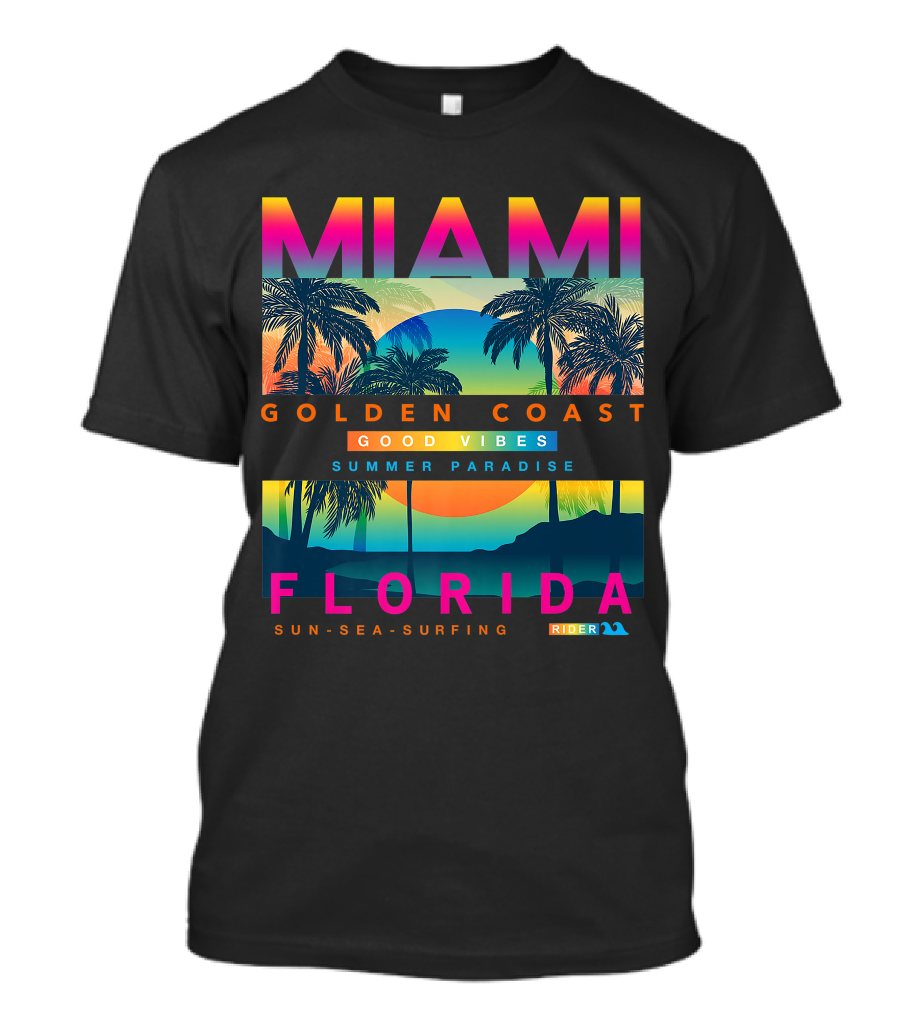Miami Golden Coast Florida Sunrise Good Vibes Summer Paradise Sun Sea Surfing Rider T-Shirt