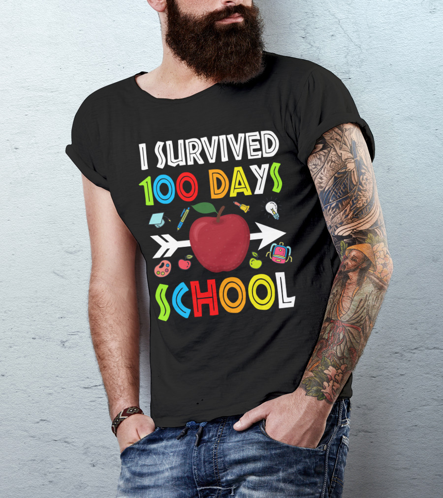I Survived 100 Days School Apple Arrow Light Bulb Backpack Palette T-Shirt