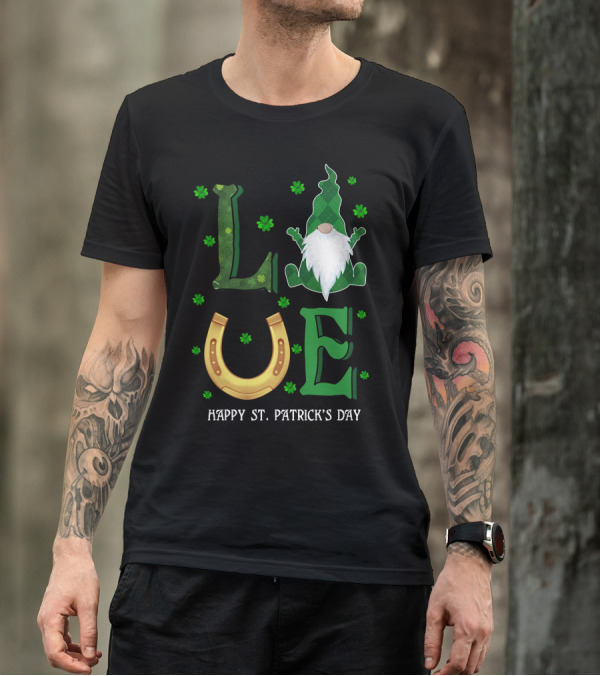 LOVE St. Patrick's Day Gnome Horseshoe Shamrock T-Shirt