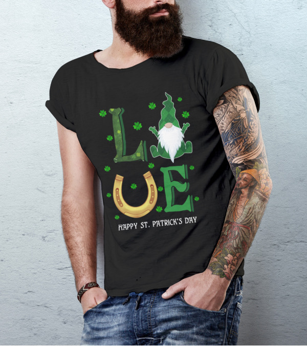 LOVE St. Patrick's Day Gnome Horseshoe Shamrock T-Shirt