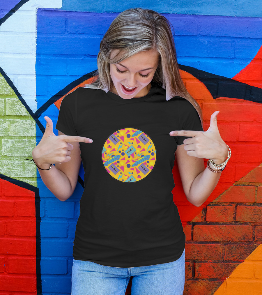 Nineties Retro Cassette And Skateboard Geometric T-Shirt
