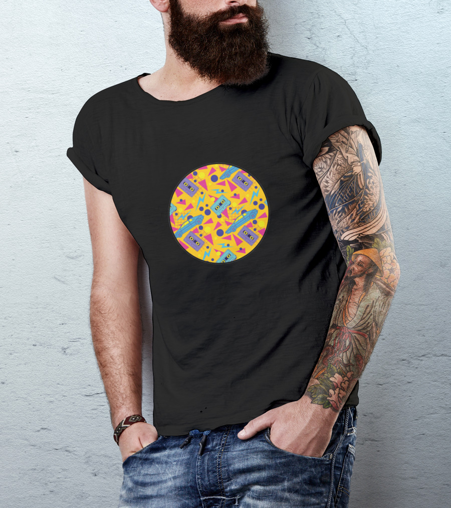 Nineties Retro Cassette And Skateboard Geometric T-Shirt